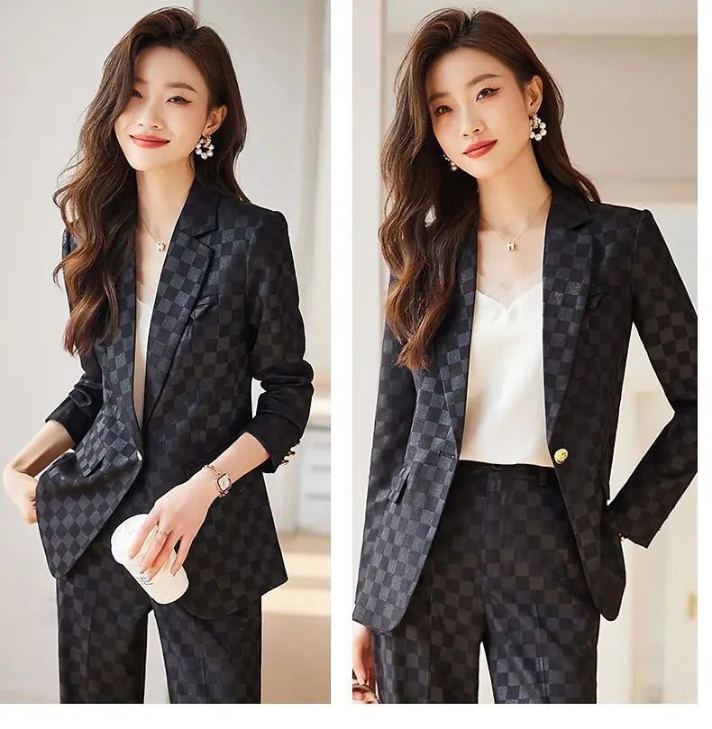 Women's Spring Autumn New Fashion Plaid Professional Suit Jacket Matching Set Korean Elegant Casual Blazers Pants Two Piece