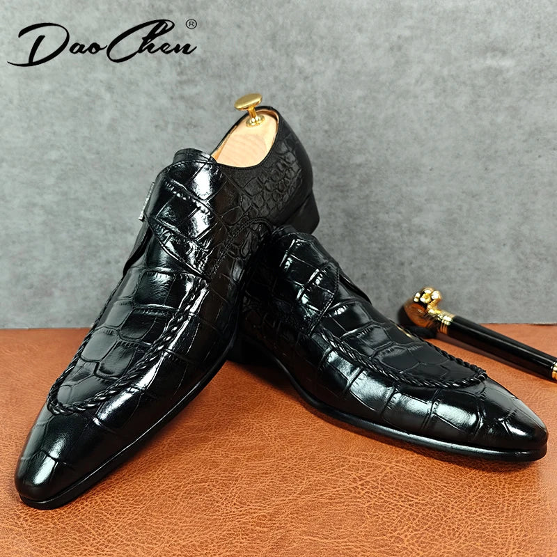 Luxury Brand Men Leather Shoes Slip-On Black Crocodile Print Woven Pattern Loafers Mens Dress Shoes Wedding Office Shoes For Men