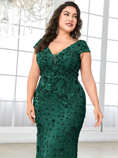 XUIBOL Plus Size  Elegant Sequin Evening Dress Long 2024 Women Mermaid Formal Deep V-neck Prom Luxury Wedding Party Dresses