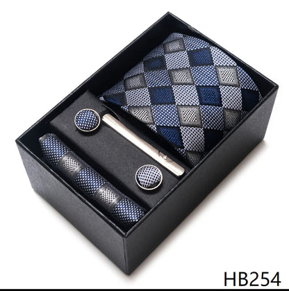 Tie Handkerchief Cufflink Set For Men Necktie Holiday Gift Box Blue Gold Suit Accessories Slim Wedding Gravatas
