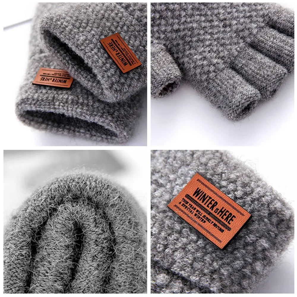 Winter Fingerless Gloves For Men Half Finger Writting Office Knitted Alpaca Wool Warm Leather Label Thick Elastic Driving Gloves