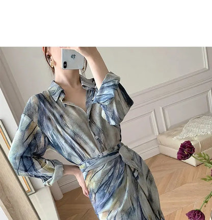 Spring Autumn New Fashion Dress Sets Women Turn-down Collar Long Sleeve Button Printing Shirt Lacing Mid-length A-line Skirt