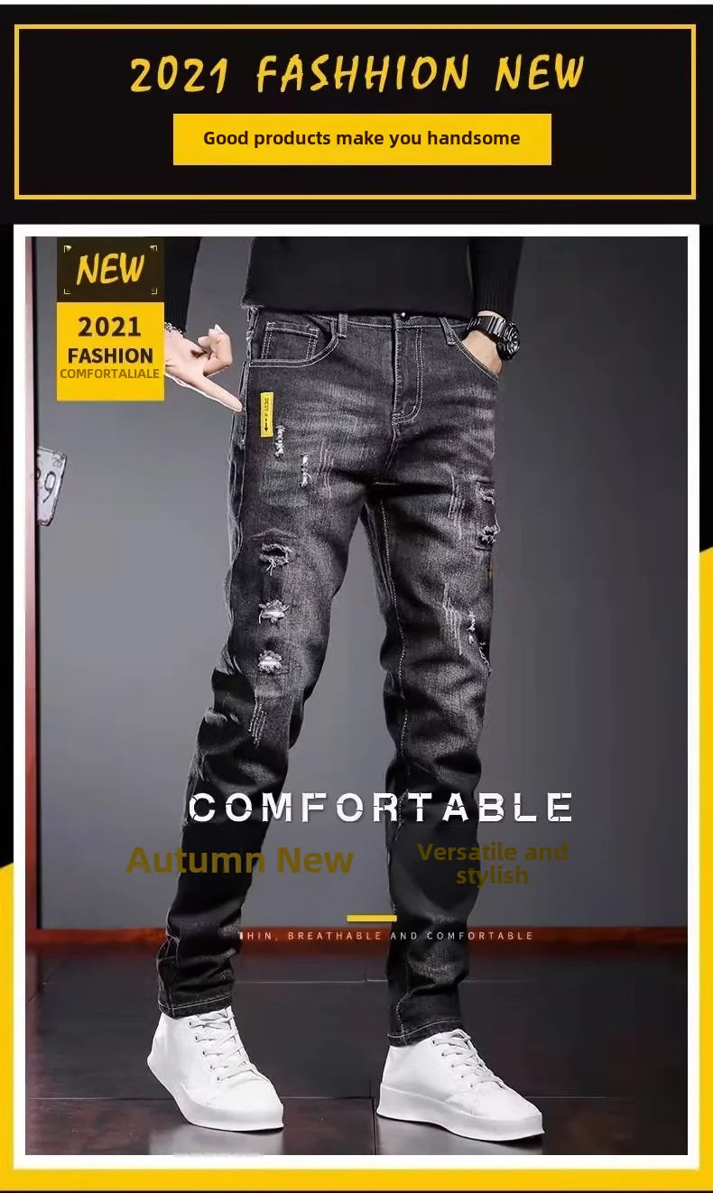 Men's Spring Autumn New Style Black Casual Jeans Korean Trendy Versatile Distressed Slims Smooths Your Silhouette Men's Trousers