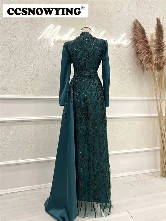 Appliques & Beaded Evening Gown Satin Long Sleeve Formal Party Dresses