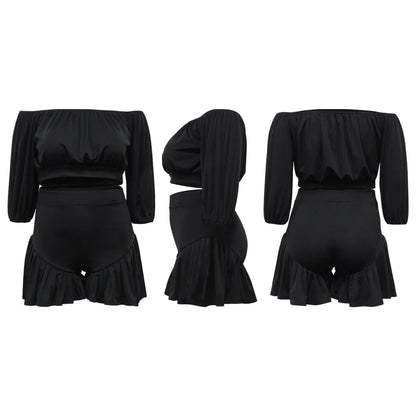 CM.YAYA Plus Size Women's Set Long Sleeve Slash Neck T-Shirt and Shorts 2025 Summer Ruched Two 2 Piece Set Outfits Tracksuit