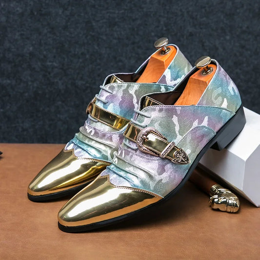 New Men's Pointed Gold Fold Patchwork Loafter Patent Leather Casual Shoes Male Formal Wedding Dress Homecoming Zapatos Hombre