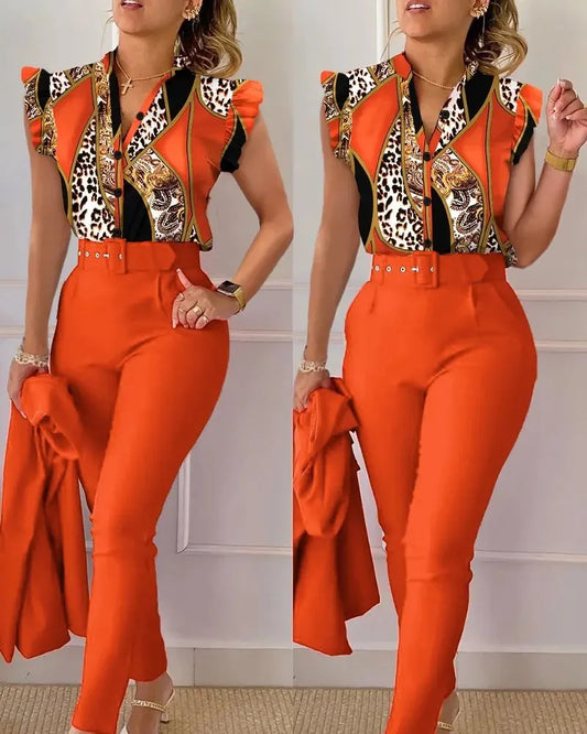 Elegant Women Printed Two Piece Suit Sets Spring Autumn V Neck Short Sleeve Shirt Top & Long Pants Set With Belt Workwear Outfit