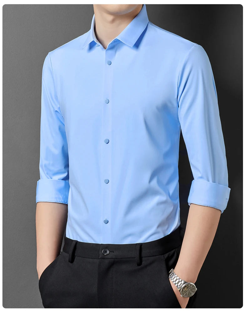 Men's High Quality Solid High Elasticity Seamless Comfortable Long Sleeve Shirts Slim Social Casual Business Formal Dress Shirt