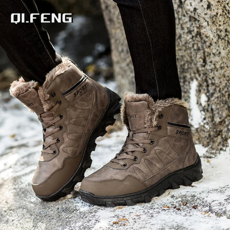 Men's Winter Snow Boots Leather Fabric Thickened Plush Shoes Extra Large Outdoor Mountaineering Anti Slip Training Shoes 39-48