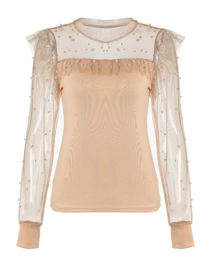 Tops for Women 2024 Summer Casual Beaded Sheer Mesh Ruffles O-Neck Long Sleeve Top Fashion Female Blouses Elegant Clothing