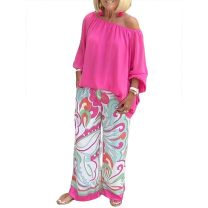 Casual 2-piece Suit Set Women's Sexy Off-shoulder Shirt Blouse Top + Printed Wide-leg Pants Two-piece Suit Spring Autumn 2023
