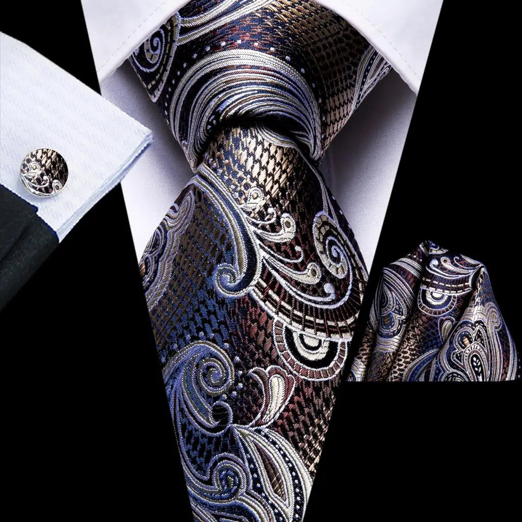 Hi-Tie Paisley Brown Tie For Men Elegant Mens Necktie Pocket Square Cufflink Groom Wedding Accessory Wholesale New Designer