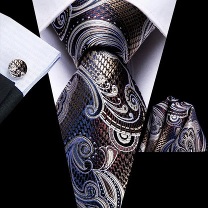 Hi-Tie Paisley Brown Tie For Men Elegant Mens Necktie Pocket Square Cufflink Groom Wedding Accessory Wholesale New Designer