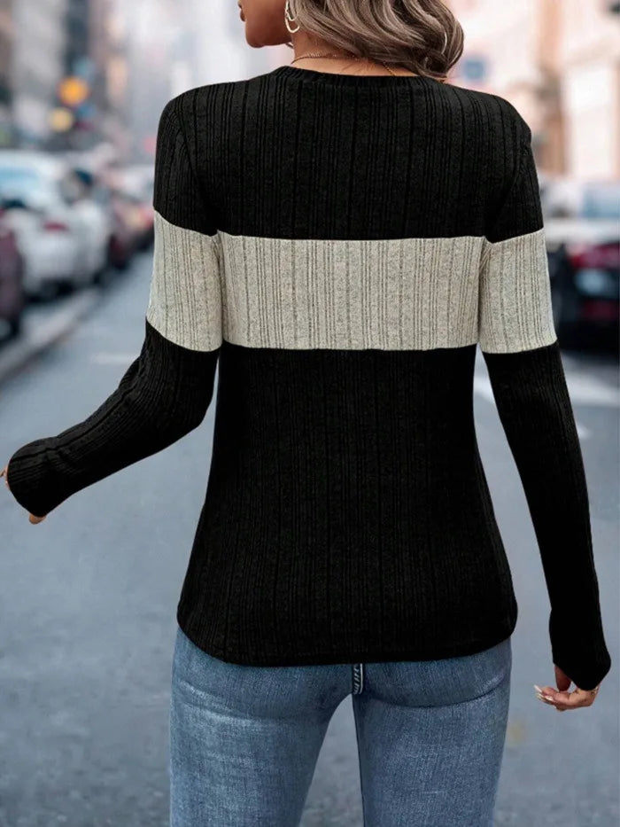 Women Tops Knitted Round Neck Full Sleeve Slim Fit Casual Regular Top Splice Tees Pleated Elegant T Shirts Autumn 2024