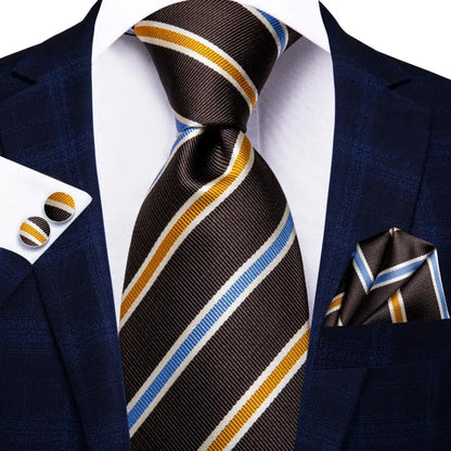 Hi-Tie Paisley Brown Tie For Men Elegant Mens Necktie Pocket Square Cufflink Groom Wedding Accessory Wholesale New Designer