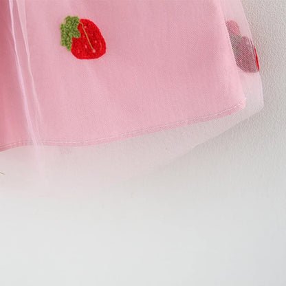 Summer girl dress baby girl small flying sleeves denim top with patchwork strawberry embroidery mesh suspender princess dress