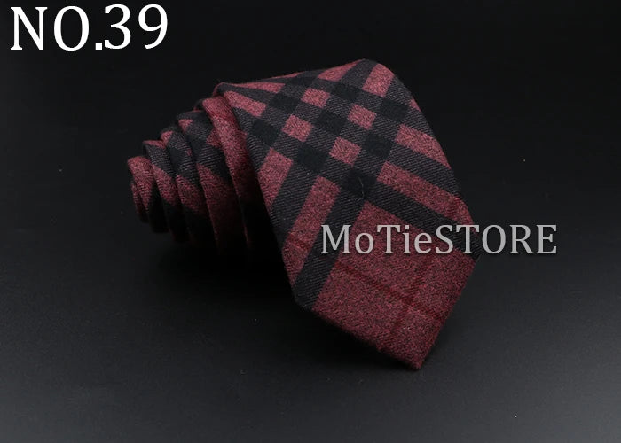 Men's Plaid Tie Cotton Black Grey Red Necktie Handmade Wool Narrow Collar Ties Wedding Business Party Suit Shirt Gift Accessory