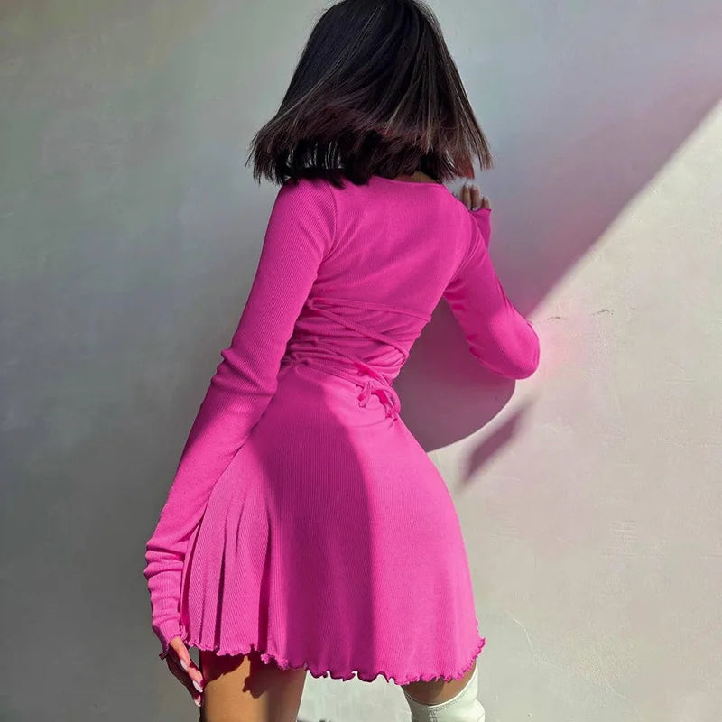 Spring Elegant Pretty Women Dresses New Black Sexy Short Dress Female V Neck Long Sleeve Slim Solid Color Mini Dress