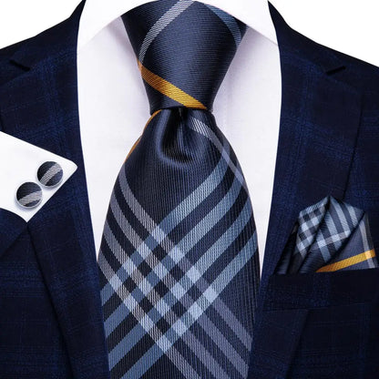Hi-Tie Designer Silk Wedding Tie For Men Blue White Plaid Handky Cufflink Set Fashion Necktie For Men Business Party Wholesale
