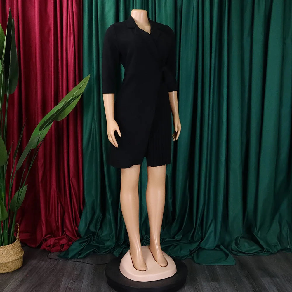 FairyShely 2025 Summer Solid Plus Size Folds Dress Women Long Sleeve Large Big Dresses Lady Belt Party Tight Curvy Short Dress