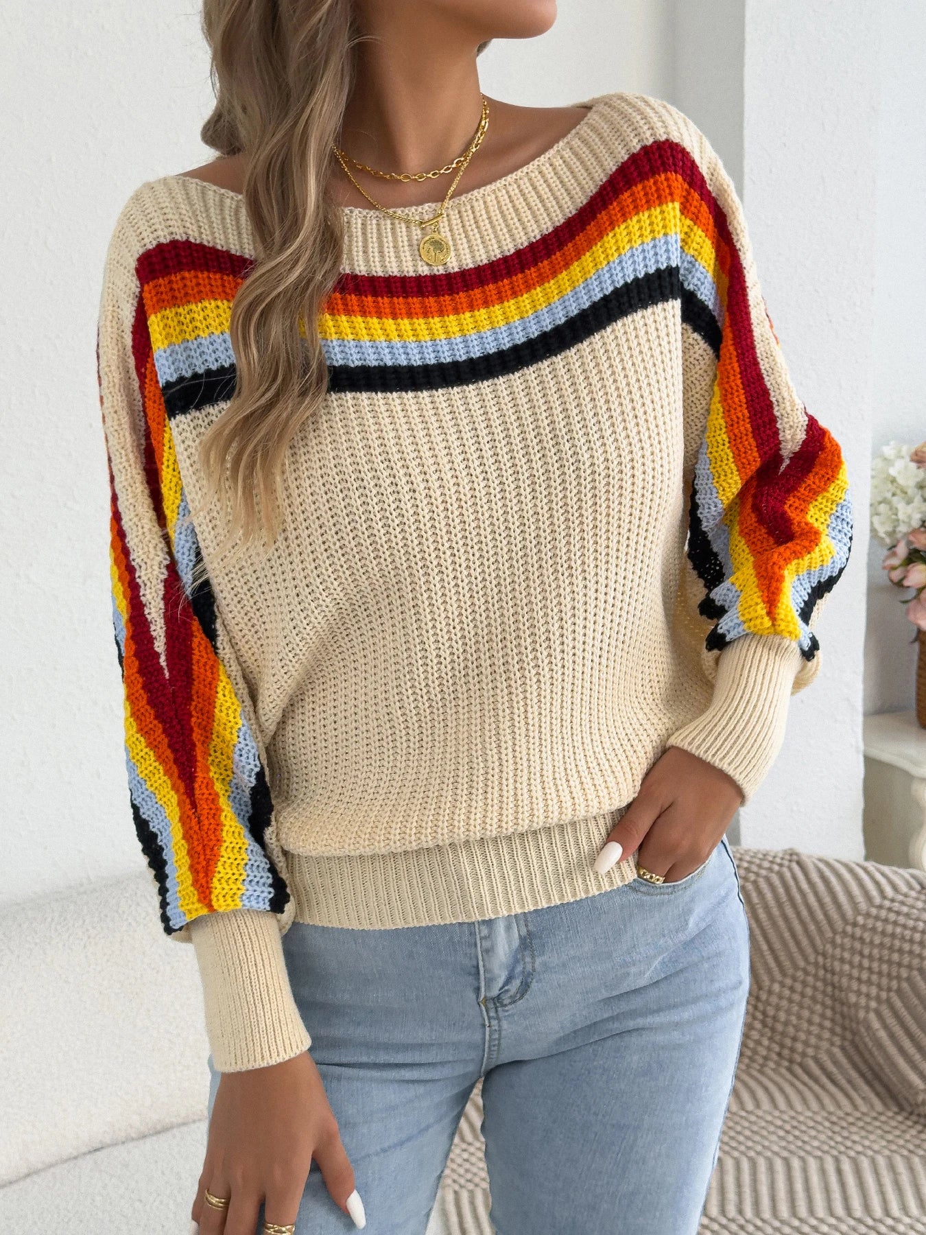 2025 Fashion Contrast Color Striped Sweaters Women Autumn Winter Casual Round Neck Lantern Long Sleeve Knitted Pullover