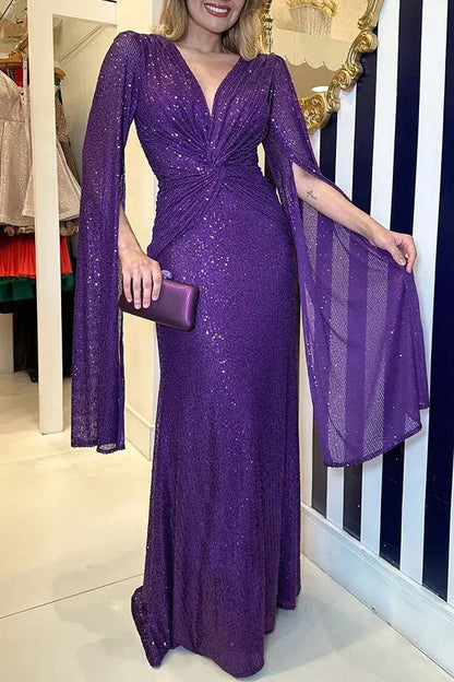 Autumn Winter Luxurious Sexy Sequins Cocktail Party Dress Prom Gown Cloak Sleeve V Neck Folds Corset Evening Floor Length Dress