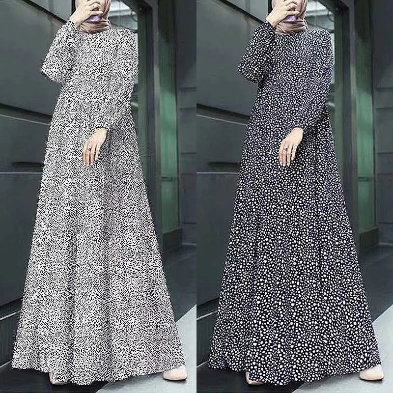 Spring Women Muslim Dress Full Sleeve O-Neck printed Turkey Sundress Bohemian Vintage Casual Holiday Islamic Clothing
