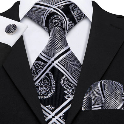 Barry.Wang Black White Gray Silver Silk Men Tie Handkerchief Cufflinks Set Jacquard Necktie for Male Wedding Business Party Gift