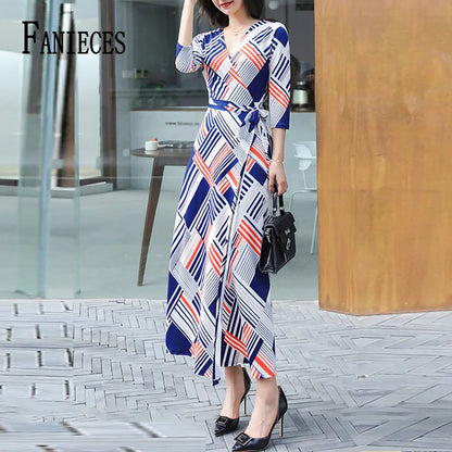FANIECES Summer Wrap Dresses Women Sexy V Neck Split Maxi Dress Print Female Casual Beachwear Lace Up Party Vestidos Robe платье