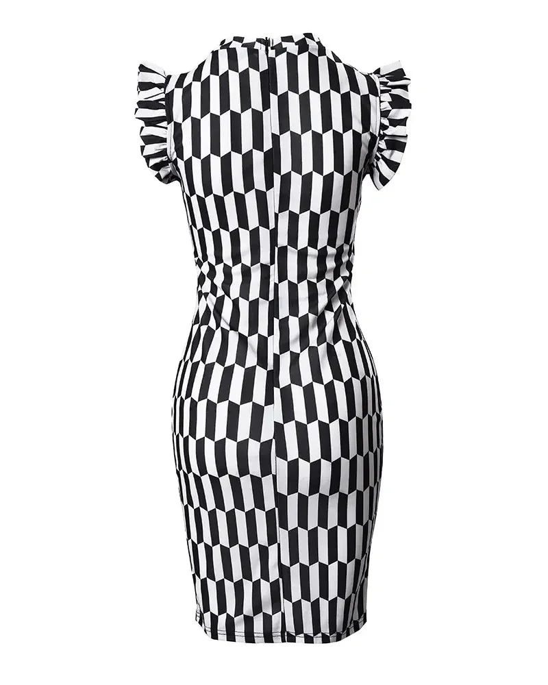 Elegant Women's Dresses Summer Fashion All Over Print Flutter Sleeve Casual O-Neck Skinny Midi Work Pencil Dress