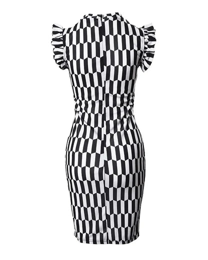 Elegant Women's Dresses Summer Fashion All Over Print Flutter Sleeve Casual O-Neck Skinny Midi Work Pencil Dress