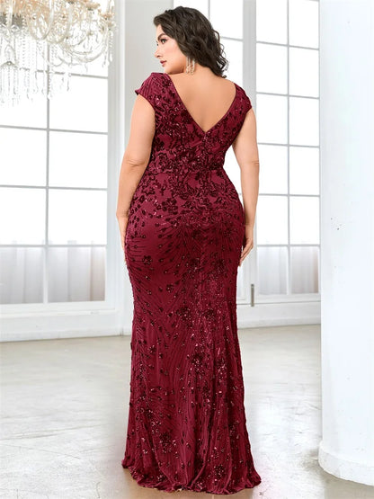 XUIBOL Plus Size  Elegant Sequin Evening Dress Long 2024 Women Mermaid Formal Deep V-neck Prom Luxury Wedding Party Dresses
