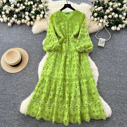 Spring French Vacation Fashion Dress Women Buttons Hook Flower Hollow Out Design 2025 High Quality Lace Ruffles Long Dress