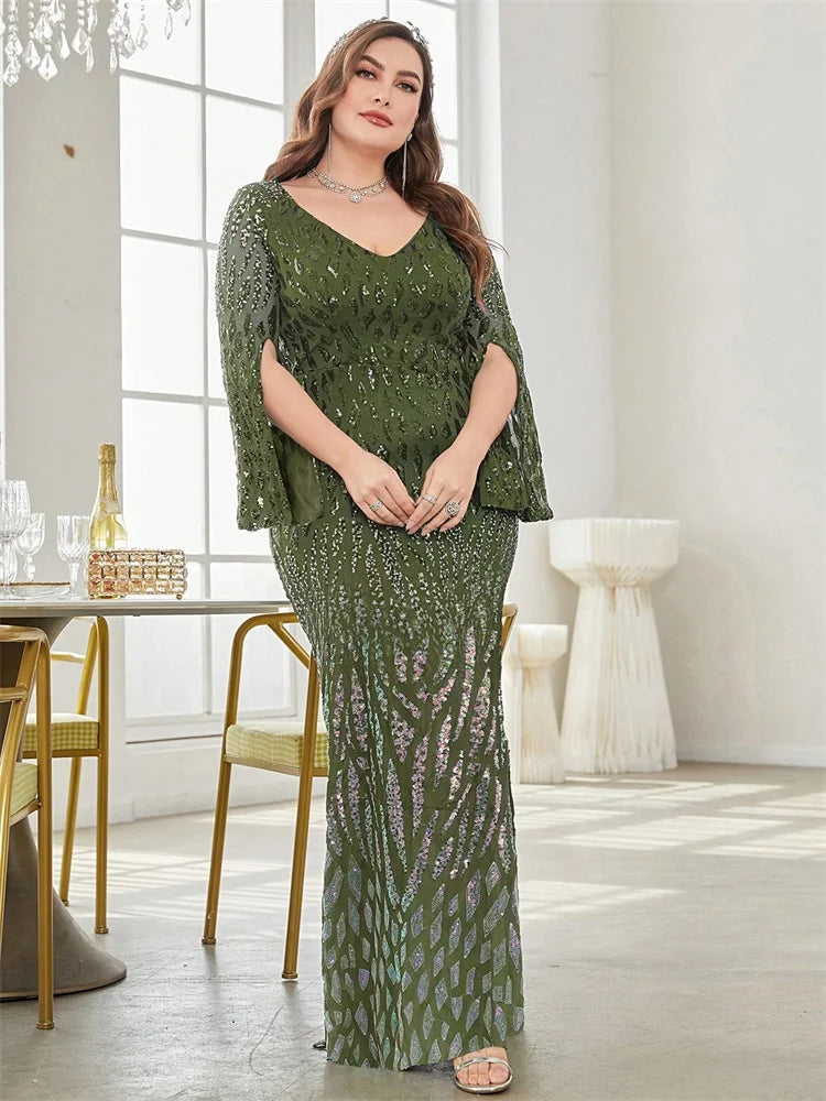 Plus Size Elegant Sequin Black Evening Dress 2025 Women Formal Maxi Prom Long Sleeves Party Luxury Cocktail Bridesmaid Gowns