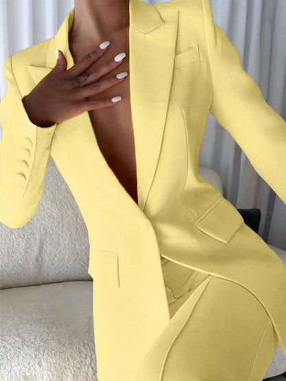 Two-piece solid-color button women's suit, suitable for year-round office wear.