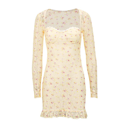Spring Women Mini Dresses Sexy Lace Print See Through Dresses Fashion Long Sleeves Casual Slim Elegant Female Club Party Dress