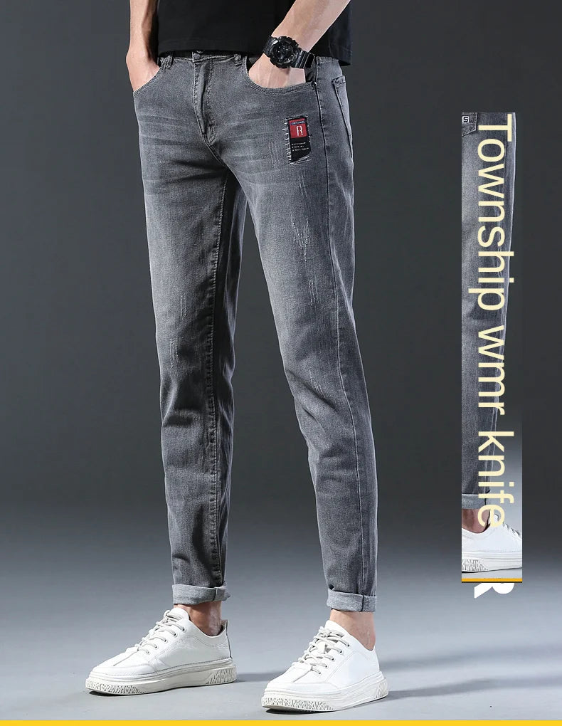 New Arrival Men's Denim Jeans Fashion Straight Slim Elastic Korea Fashion Casual Denim Trousers Male Pants Grey Black Dropship