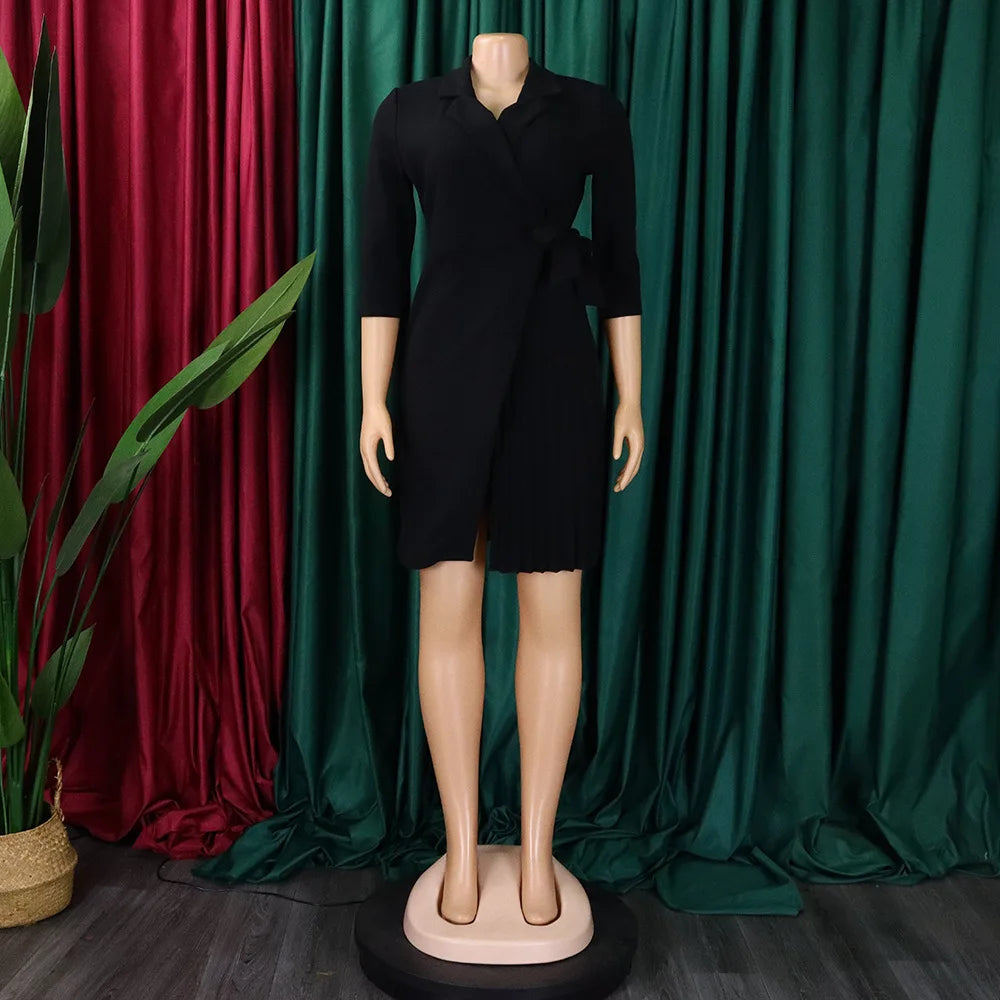 FairyShely 2025 Summer Solid Plus Size Folds Dress Women Long Sleeve Large Big Dresses Lady Belt Party Tight Curvy Short Dress