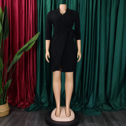 FairyShely 2025 Summer Solid Plus Size Folds Dress Women Long Sleeve Large Big Dresses Lady Belt Party Tight Curvy Short Dress