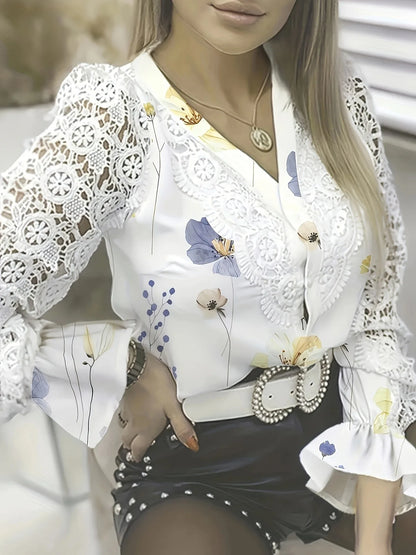 Fashion Vintage White Lace Long Sleeve Women Shirts 2024 Autumn Buttons Floral Print Tops And Blouses Womens Top Femme Shirt