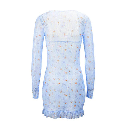 Spring New Women's Dresses Sexy Low Chest Lace Print Mini Dress Fashion Long Sleeves Casual Slim Elegant Female Dresses Clothing