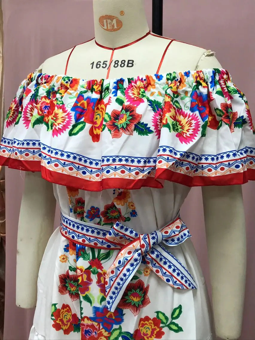 2024 Spring Summer Women's New Sexy One Shoulder Off Shoulder Fashion Red Flower Printed Lace Up Waist Long Swing Dress