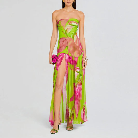 Women's Trendy Printed French Dresses Spring Sexy Strapless Split Hem Pleated Dress Summer Off Shoulder Backless Boho Long Dress
