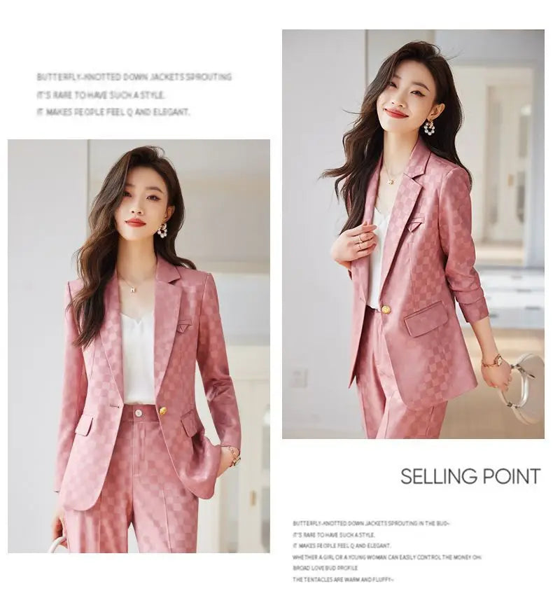 Women's Spring Autumn New Fashion Plaid Professional Suit Jacket Matching Set Korean Elegant Casual Blazers Pants Two Piece