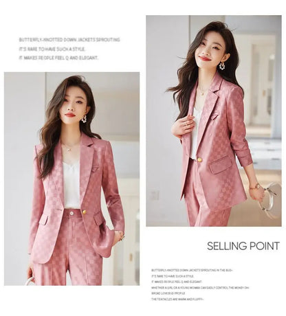 Women's Spring Autumn New Fashion Plaid Professional Suit Jacket Matching Set Korean Elegant Casual Blazers Pants Two Piece