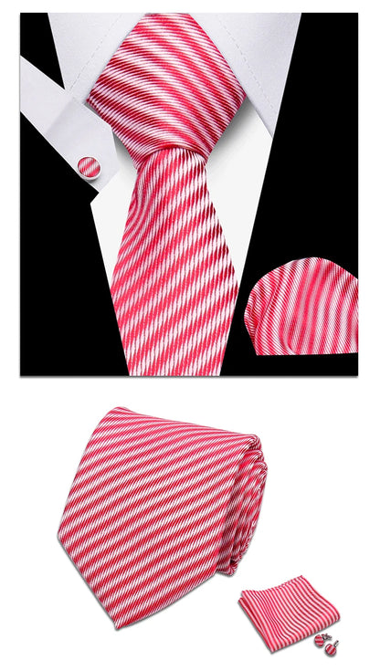 Classic Elegant Ties For Men Fashion Gifts Striped Solid Necktie Handchief Cufflink 3 Pcs Set Wedding Business Suit Accessories