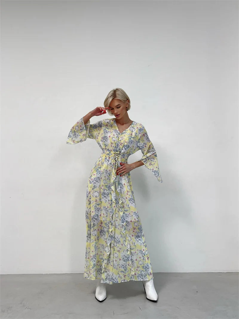 Elegant Bodycon Chiffon Maxi Dress Women Bandage Sexy Side Slit Beach Dress White Pink Floral Summer Long Dresses For Women 2024