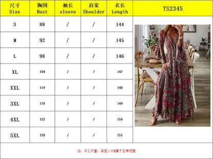 Spring Autumn Fashion Women's Dress Bohemian Style Retro Printed V-neck High Waist Bell Sleeve  Loose Casual Floral Long Dress