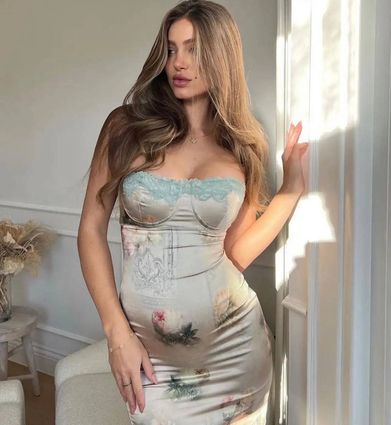 Wedding Guest Dresses for Women 2023 Summer Satin Dress Stretchy Evening Party Dress Floral Elegant Night Club Festival Outfit