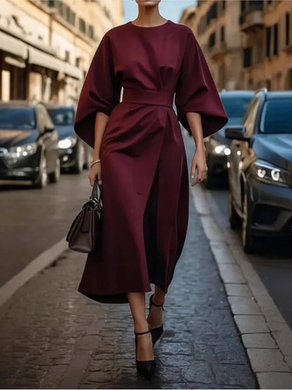 Spring Summer New Women's Fashion Style Elegant Solid Color Waist Dress Casual Bat Sleeve Long Dress Vestidos Para Mujer